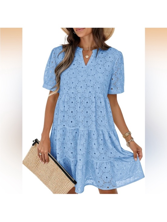 Dresses & Skirts - Light Blue Eyelet Summer Dress with Puff Sleeves